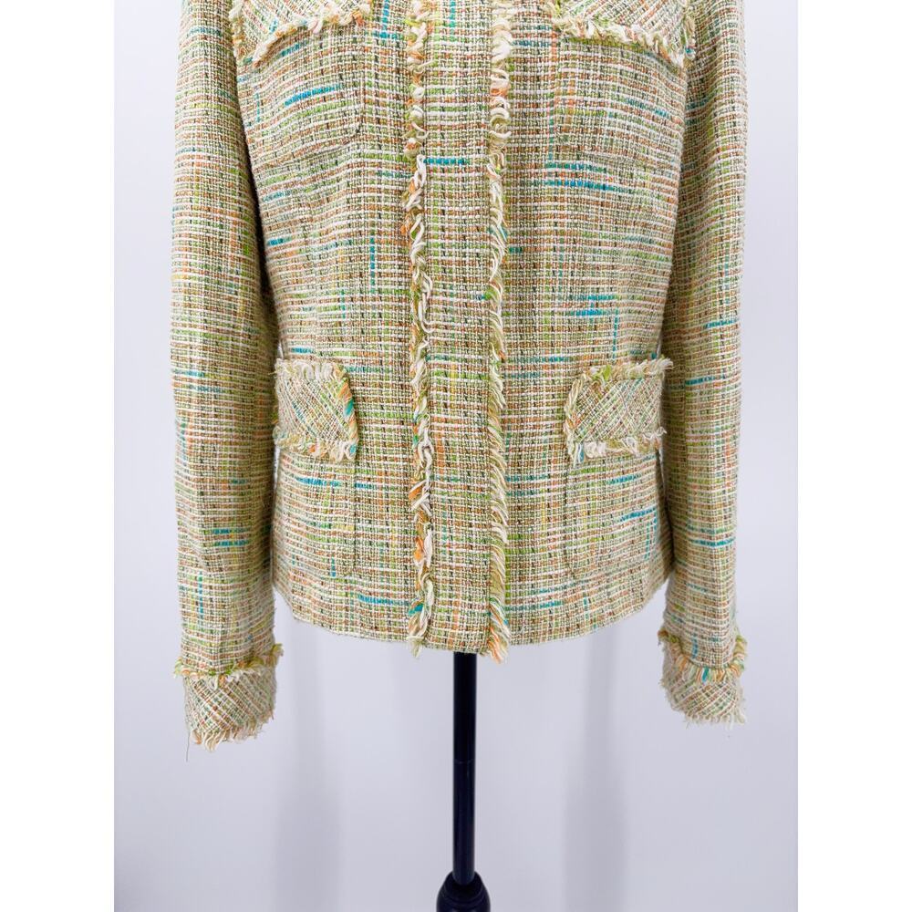 B1 Tweed Fringe Blazer Womens 10 Classiques Entier Green Yellow Parisian Preppy - Picture 4 of 7